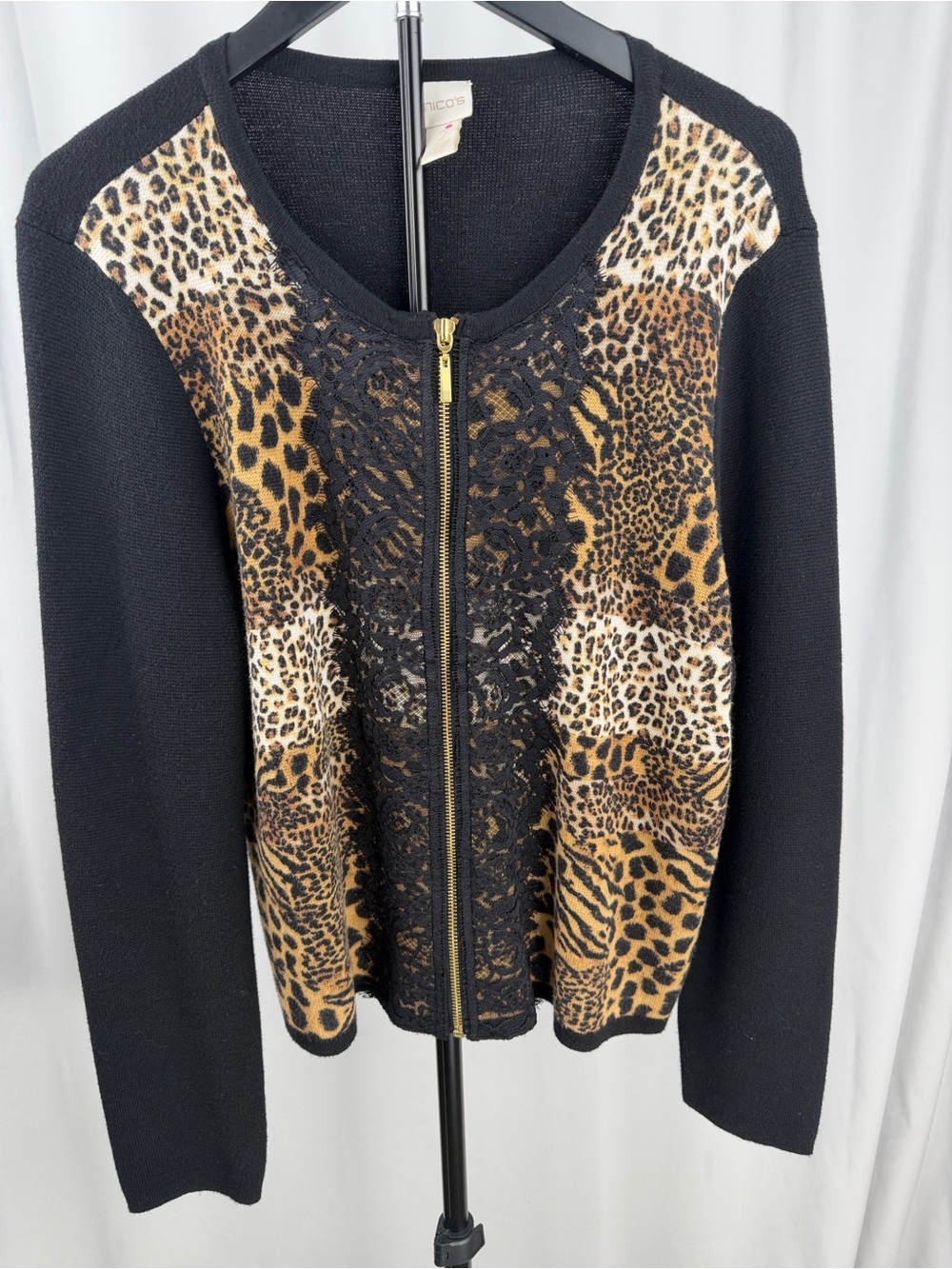 Chico's Black Sweater Cardigan with Leopard Print Panels